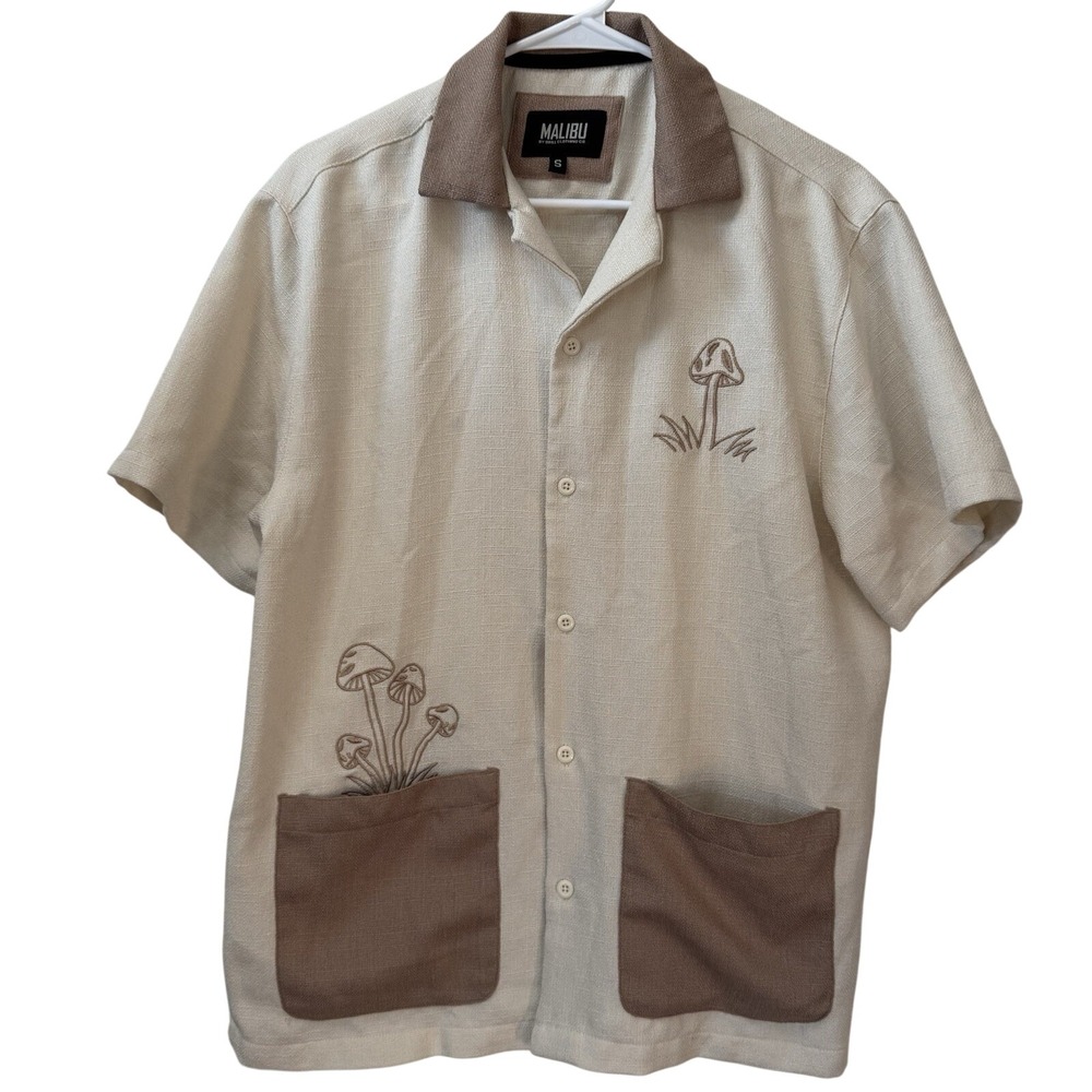 Malibu‎ Button Up Shirt Mens S Cream Mushroom Embroidered Short Sleeve Pocket